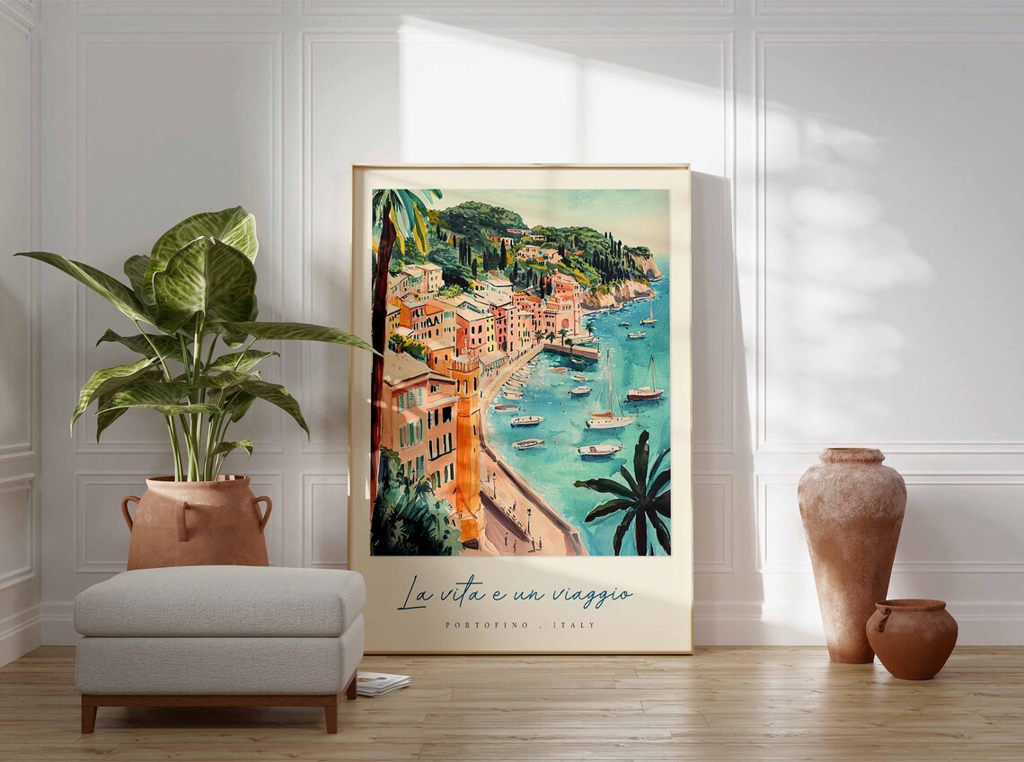 Portofino Italy Watercolor Bay Scene La Vita E Un Viaggio Poster - Image 3