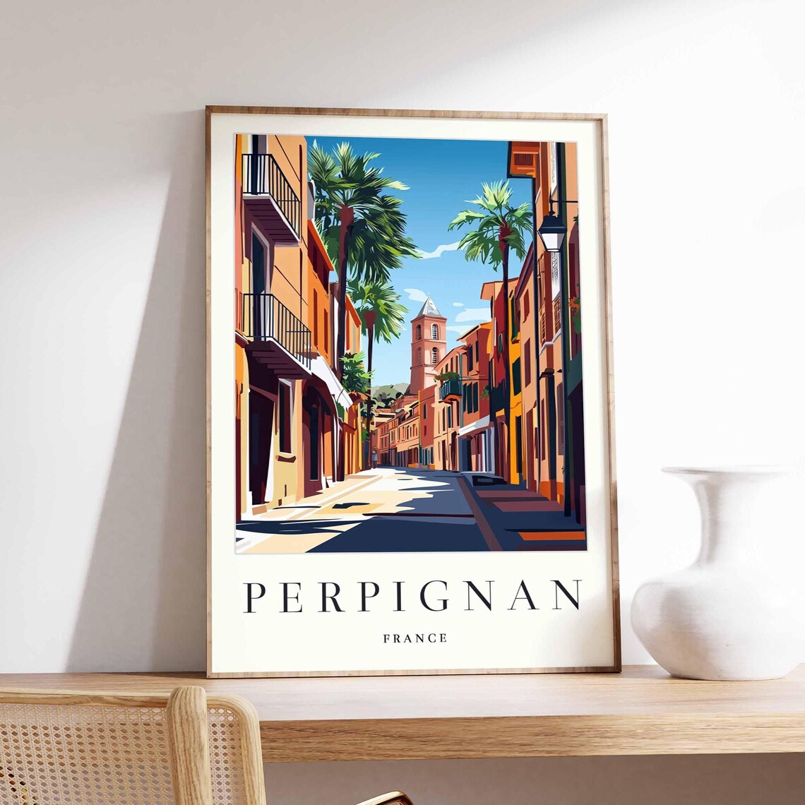 Perpignan France Palm Lined Street Old Town Church Tower Poster