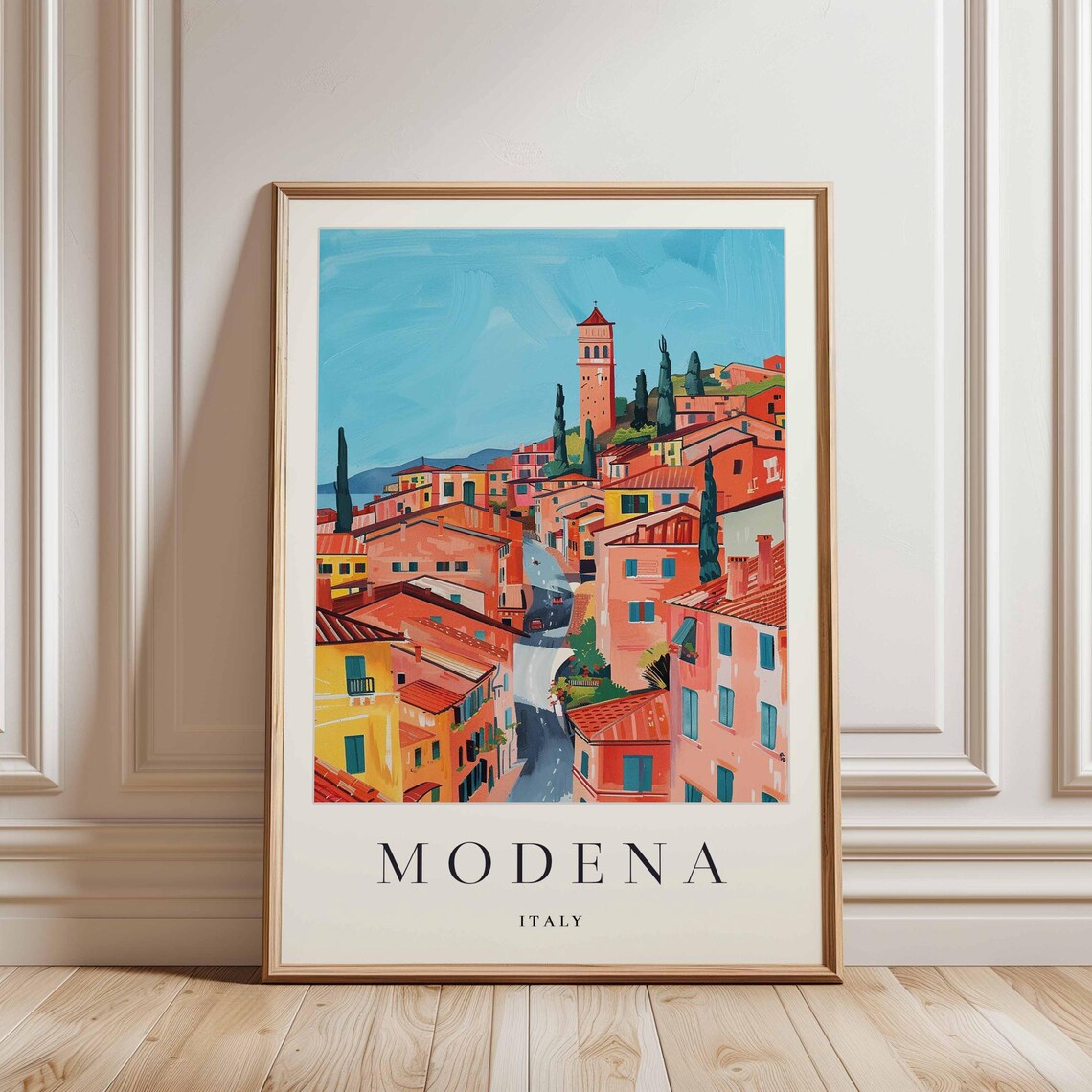 Modena Italy Terracotta Rooftop Bell Tower Street Travel Poster - Image 3