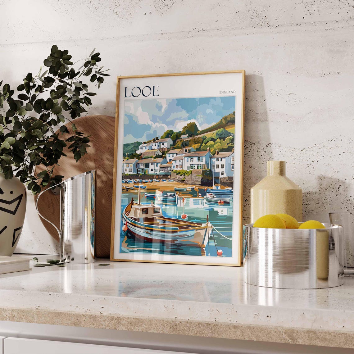 Looe England Fishing Boat Closeup Whitewashed Cottages Harbor Poster - Image 2