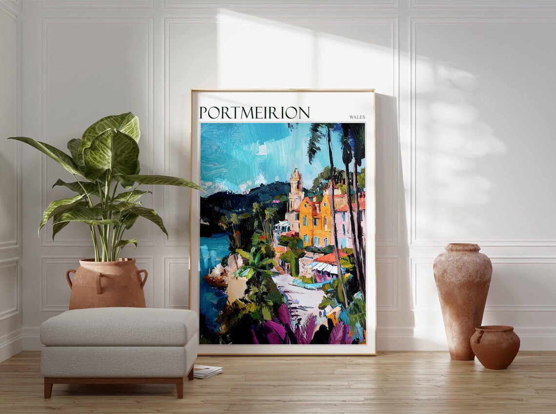 Portmeirion Wales Impressionist Shore Palms Teal Sea Art Poster - Image 4