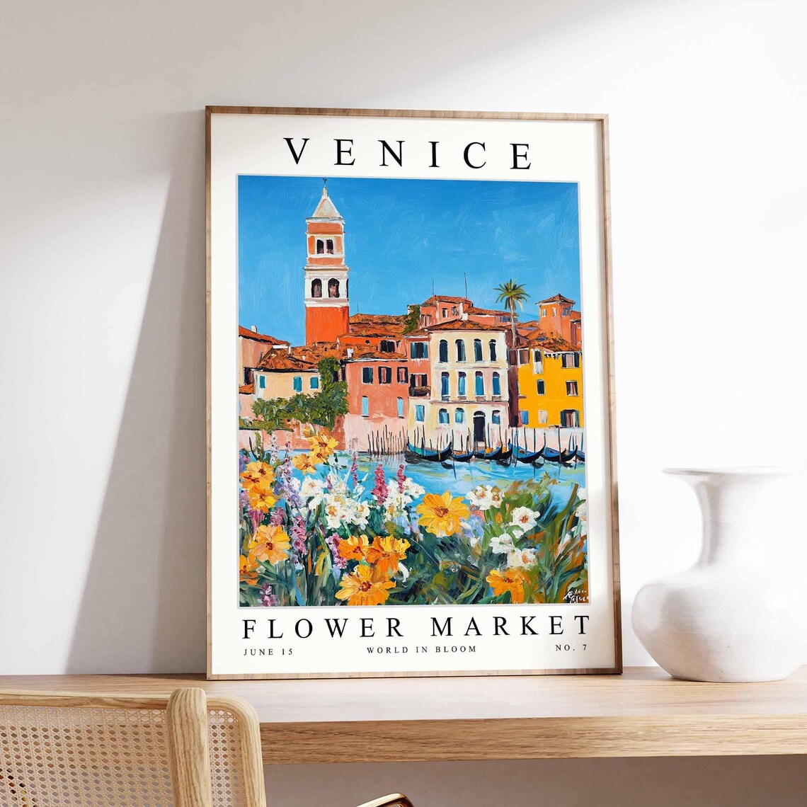 Venice Flower Market Poster with a Venetian Bell Tower Over the Water