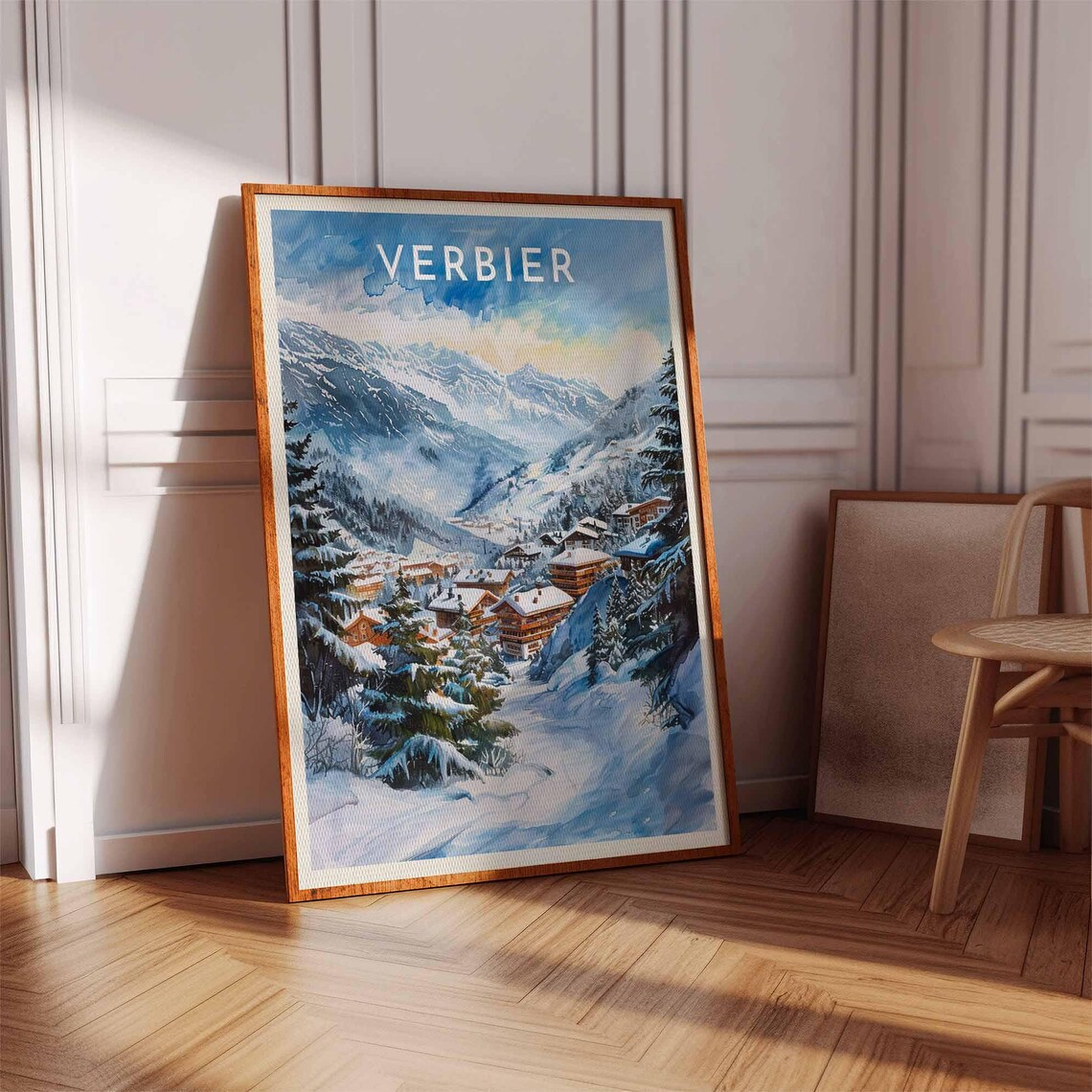 Verbier Switzerland Valley View Watercolor Winter Travel Poster - Image 3
