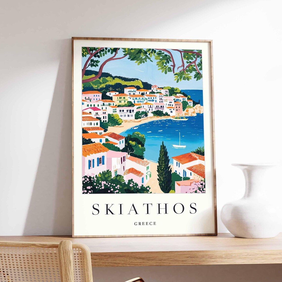 Skiathos Greece Bay View Red Roofs Sailboat Summer Travel Poster