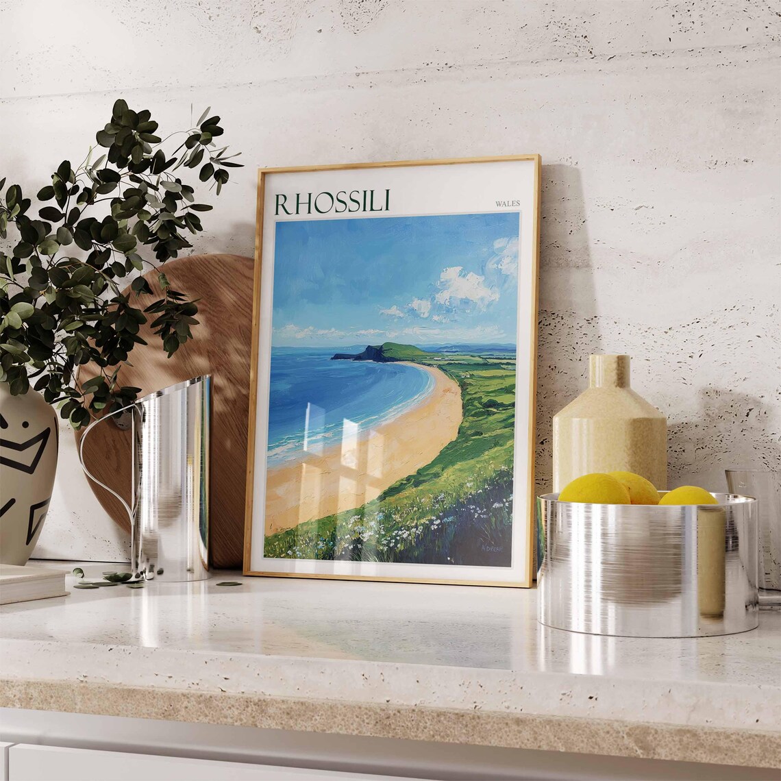Rhossili Wales Sweeping Sandy Bay Headland Oil Style Art Poster - Image 3