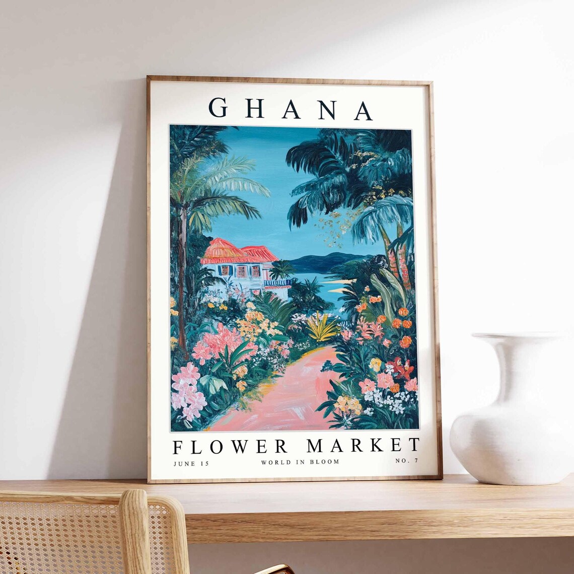 Ghana Flower Market White Villa Red Roof Palm Grove Pathway Art Poster