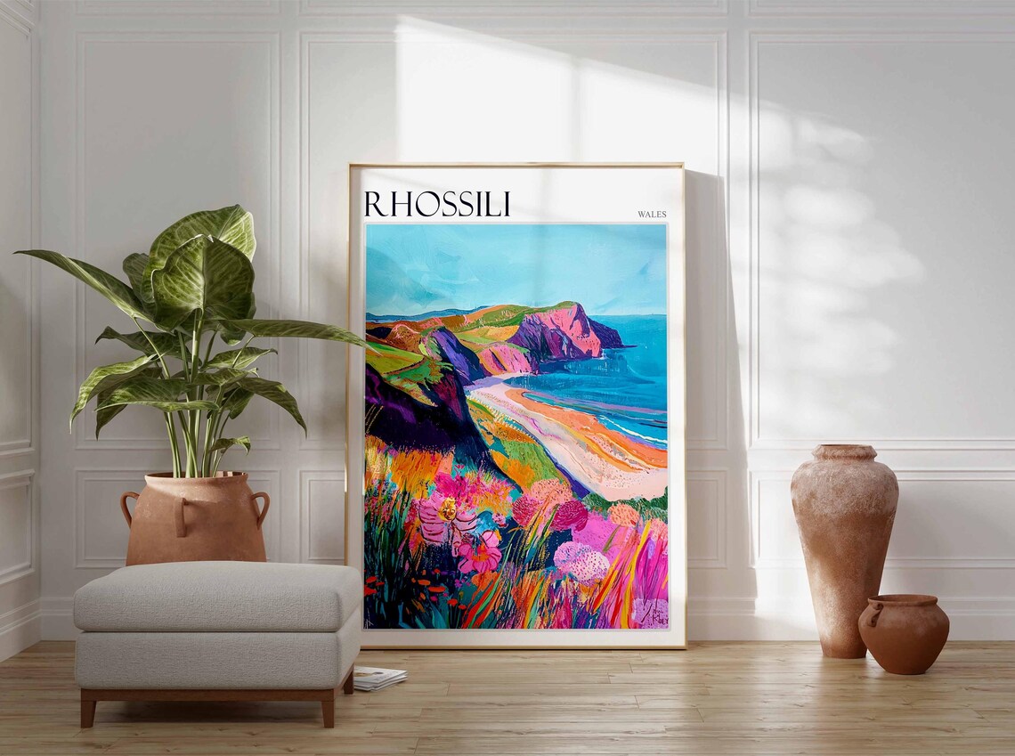 Rhossili Wales Vibrant Fauvist Cliffs Wildflower Art Style Poster - Image 4
