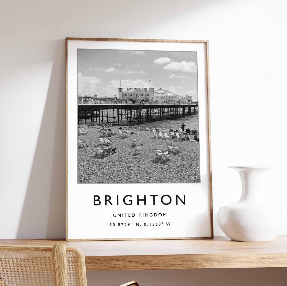 Brighton UK Pier Beach Deckchairs Black White Retro Photo Poster