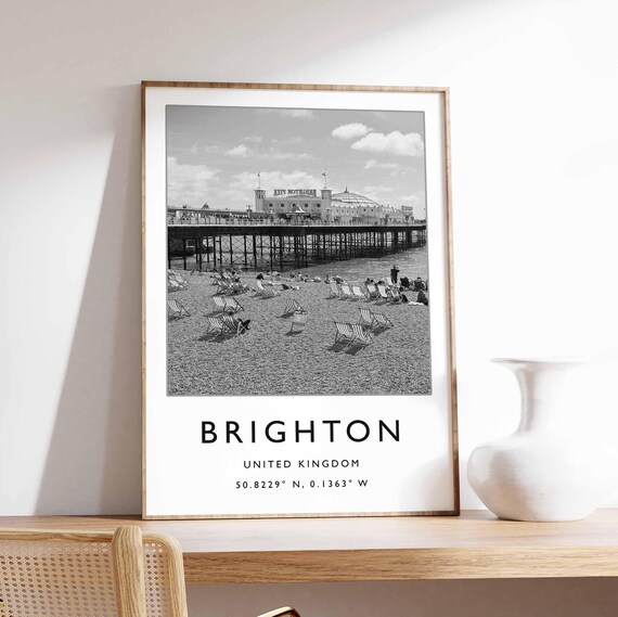 Brighton UK Pier Beach Deckchairs Black White Retro Photo Poster
