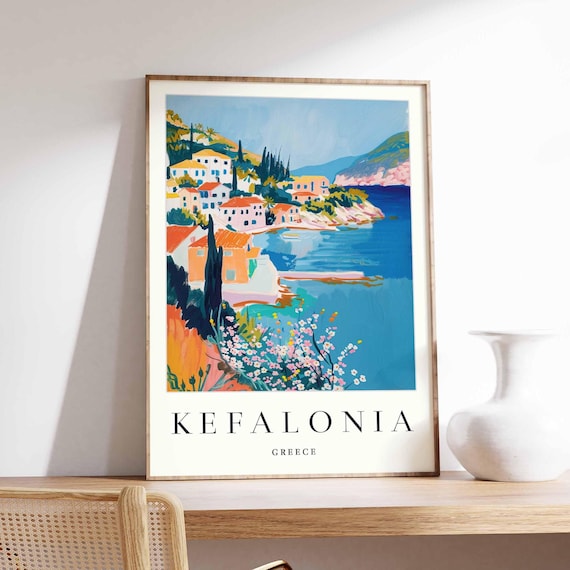 Kefalonia Greece Cypress Coast Village Blossoms Sea View Art Poster