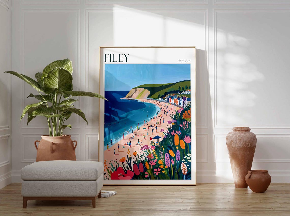 Filey England Crowded Beach Flowers Chalk Headland Illustration Poster - Image 3