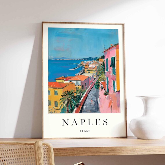 Naples Italy Colorful Sunlit Street Leading To Blue Harbor Poster