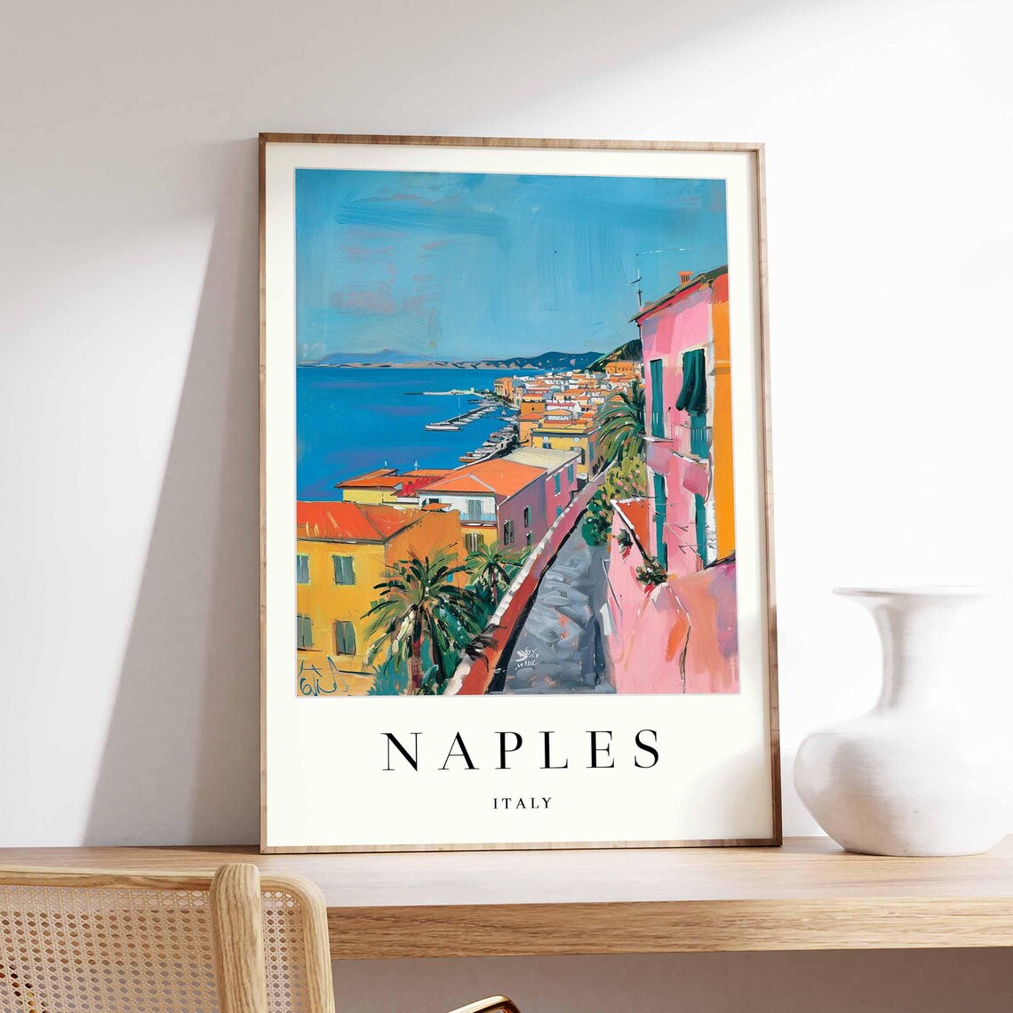 Naples Italy Colorful Sunlit Street Leading To Blue Harbor Poster