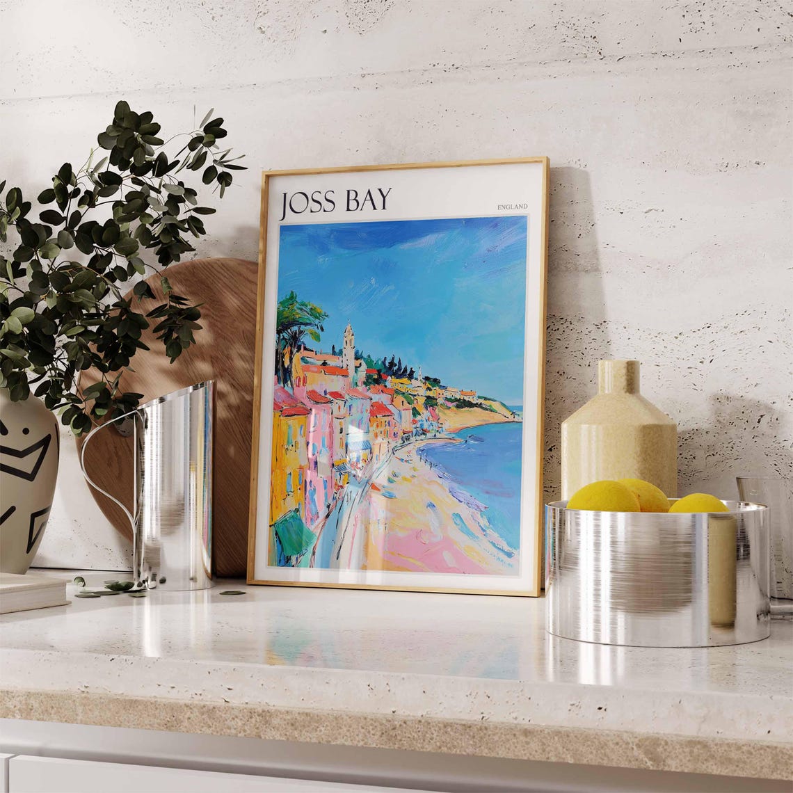 Joss Bay England Colorful Cliffside Town Path Beach View Poster - Image 2