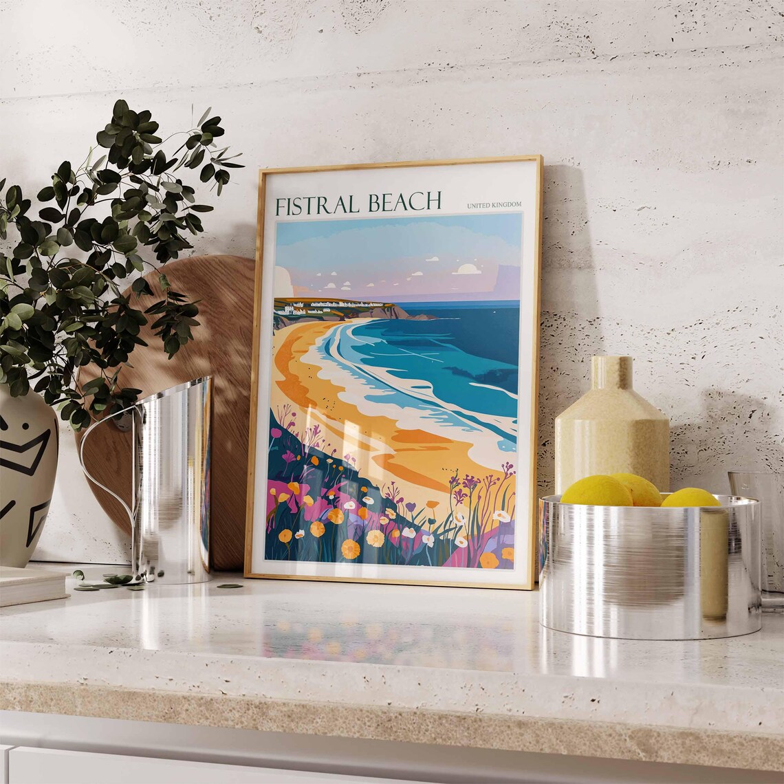 Fistral Beach United Kingdom Golden Sand Wildflowers Art Poster - Image 2