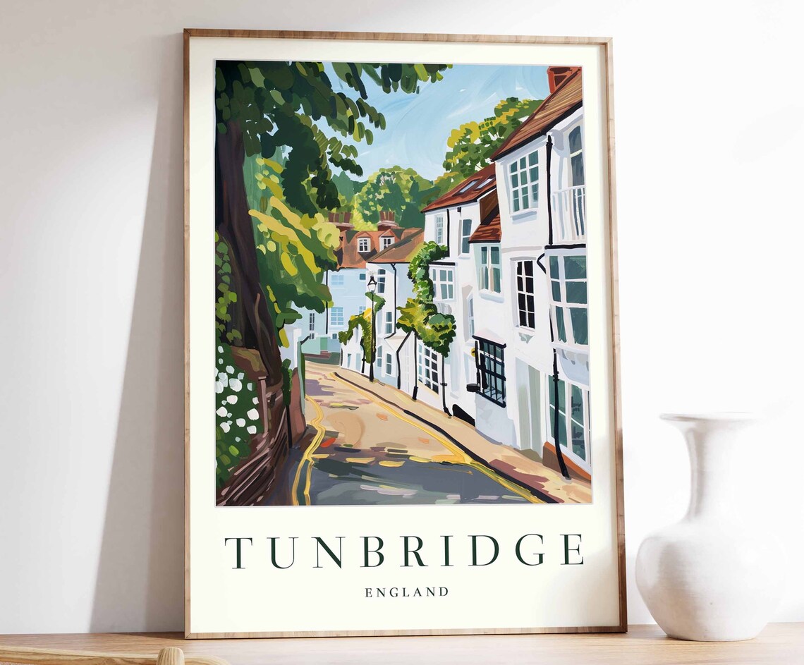 Tunbridge England White Cottage Street Leafy Lane Summer Travel Poster