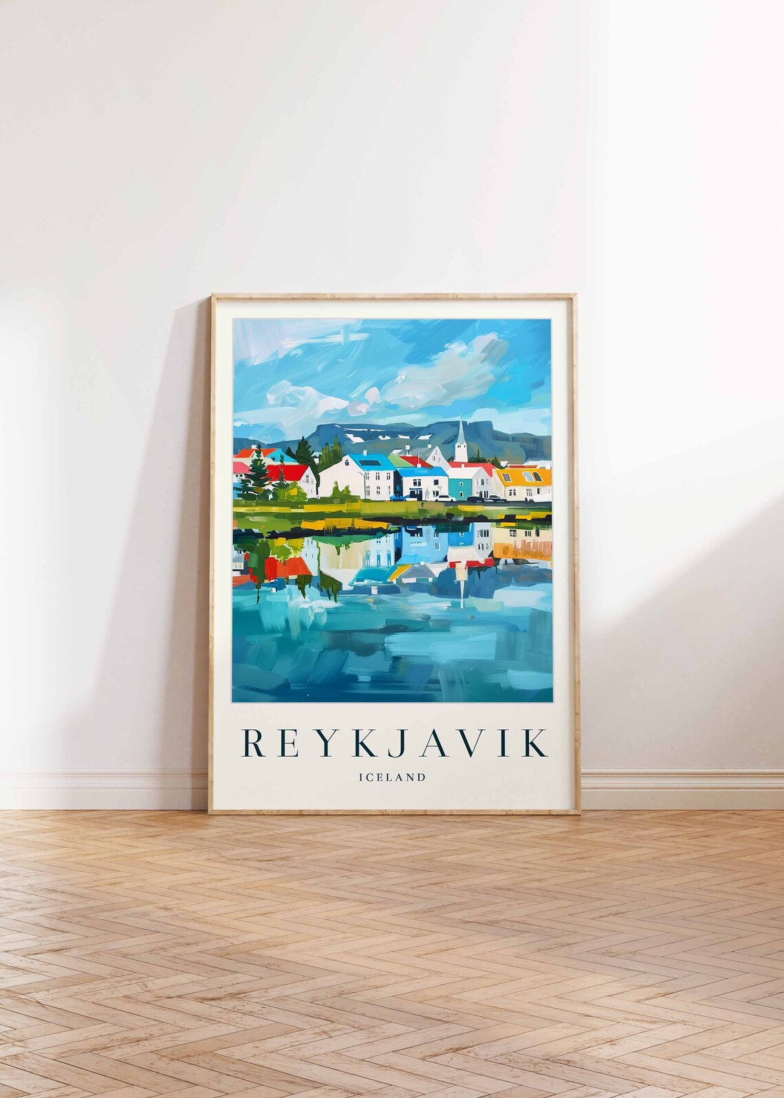 Reykjavik Iceland Town Reflected In Calm Waters Travel Poster - Image 2