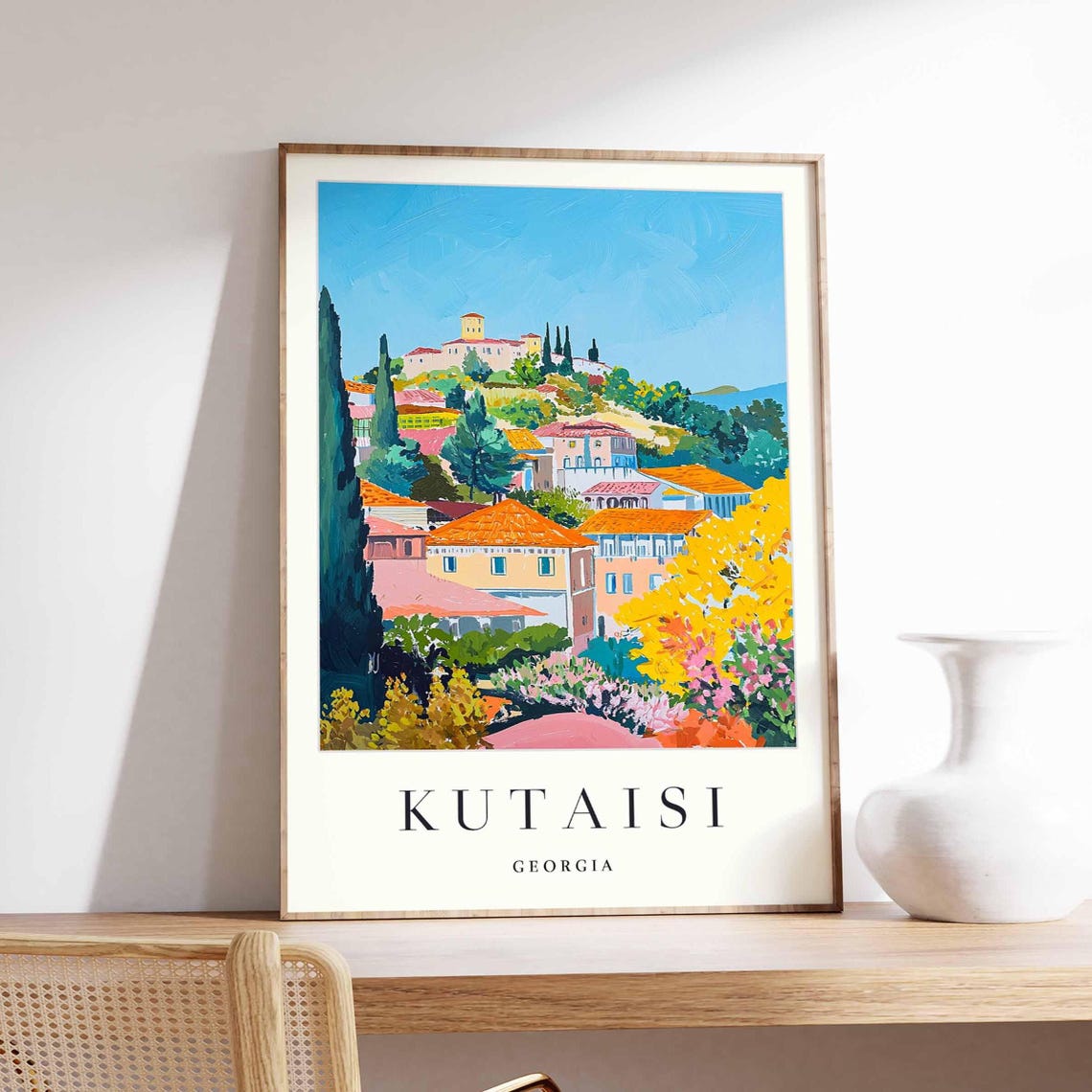 Kutaisi Georgia Hillside Town Fortress Top Colorful Art Poster
