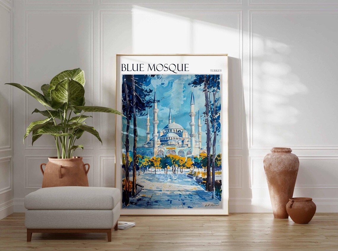 Blue Mosque Istanbul Courtyard Autumn Trees Watercolor Poster - Image 2