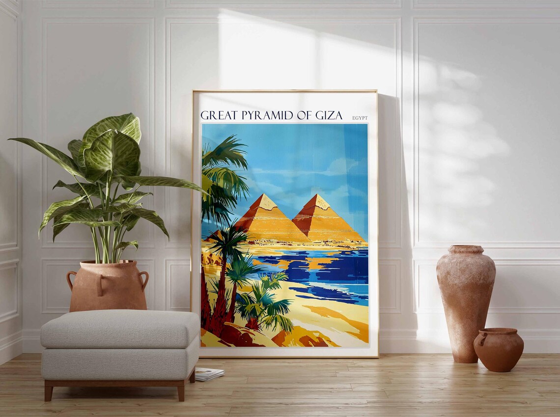 Great Pyramid Of Giza Twin Pyramids Palms Retro Travel Poster - Image 2