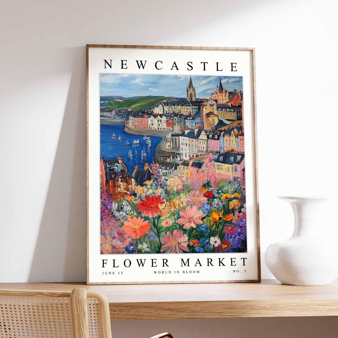 Newcastle Flower Market Harbor Sailboats Colorful Floral View Poster