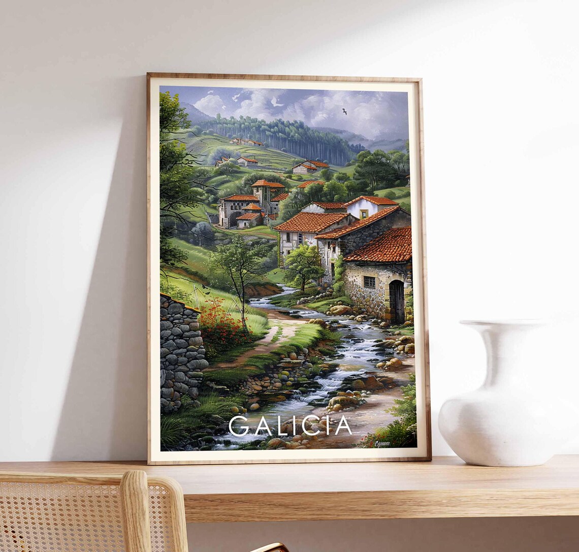 Galicia Spain Painted Village Stream Stone Cottages Hills Poster
