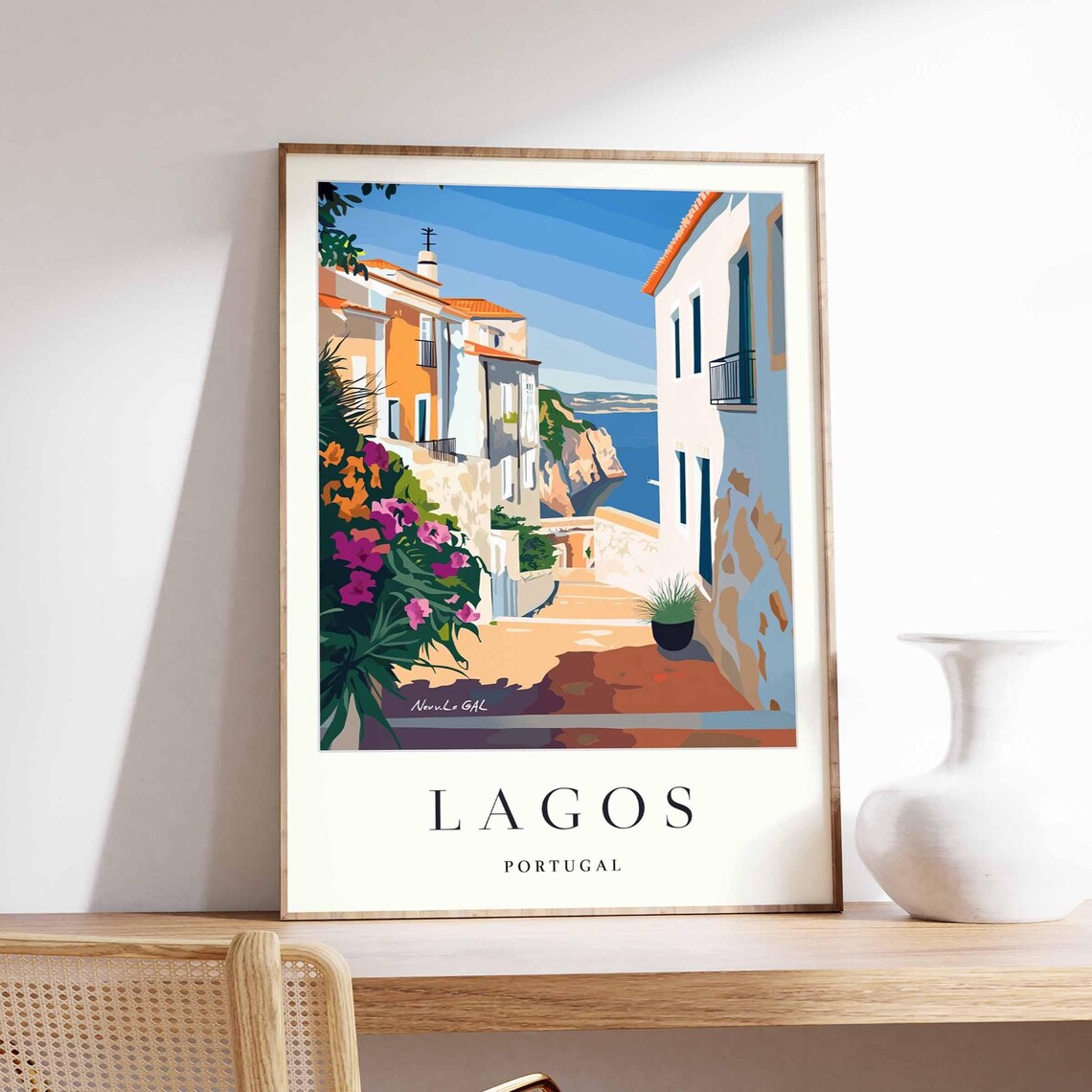 Lagos Portugal Coastal Alleyway Ocean View Bougainvillea Poster