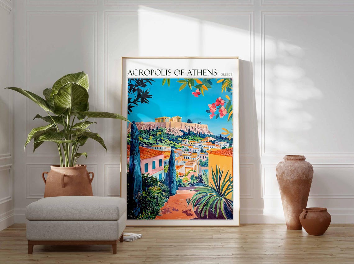 Acropolis Of Athens Poster Acropolis Of Athens Travel Print Greek Travel Poster Botanical Decor Floral Print European Travel Print - Image 2