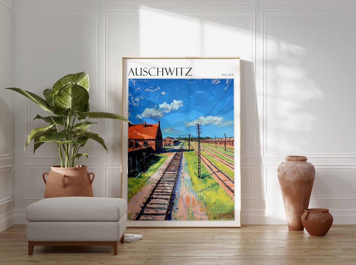 Auschwitz Poland Camp Buildings Colorful Painting Travel Poster - Image 2