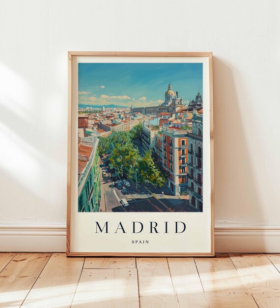 Madrid Spain Tree Lined Green Avenue Retro Travel Art Poster