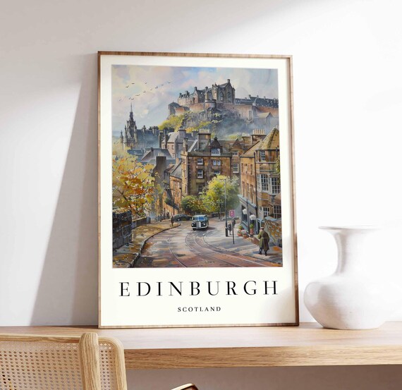 Edinburgh Castle Rock Watercolor Vintage Street Car Scene Poster