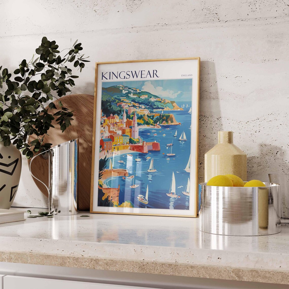 Kingswear England Church Towers Harbor Sailboat Panorama Art Poster - Image 2