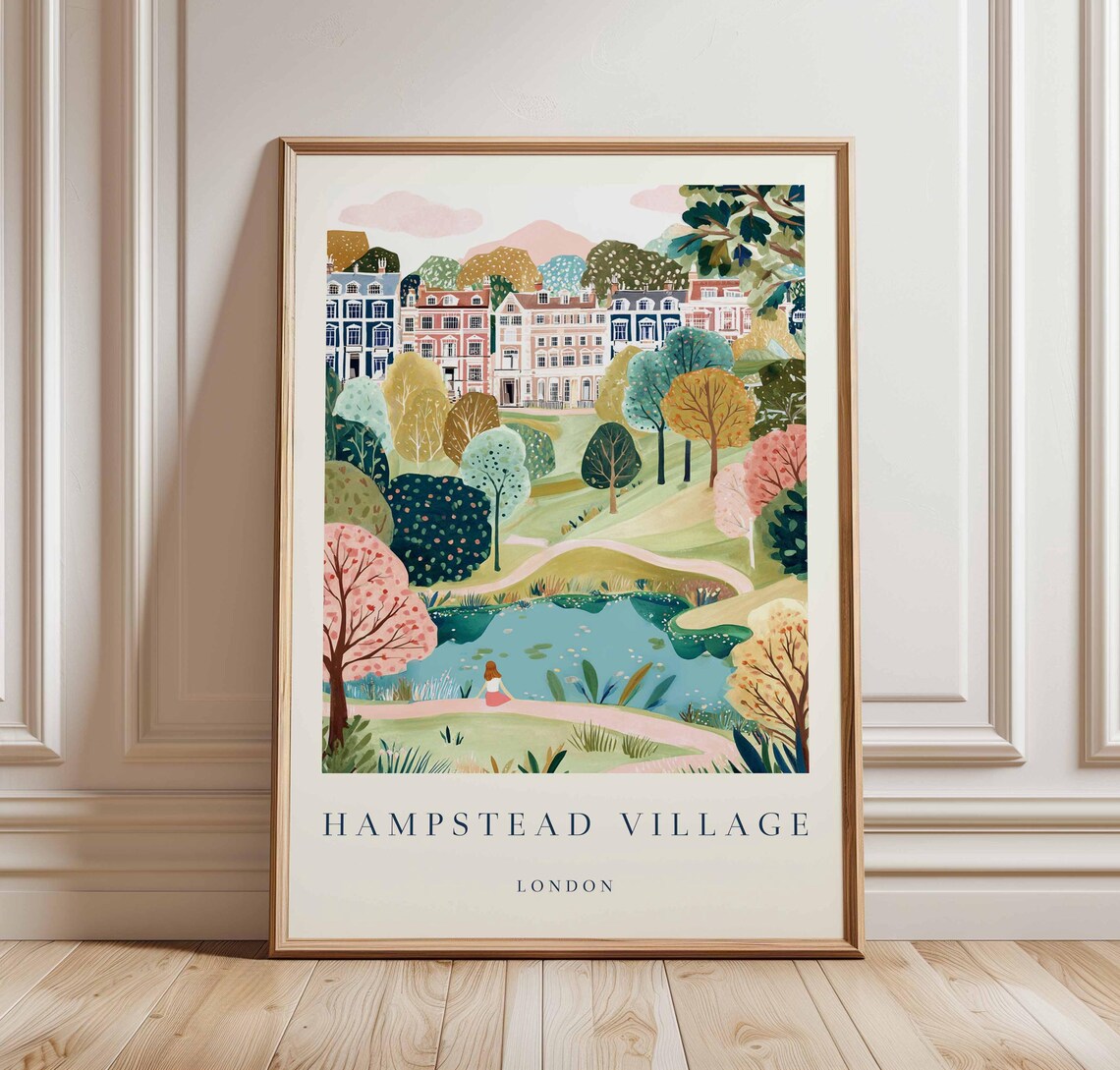 Hampstead Village London Park Pond Walkway Pastel Travel Poster