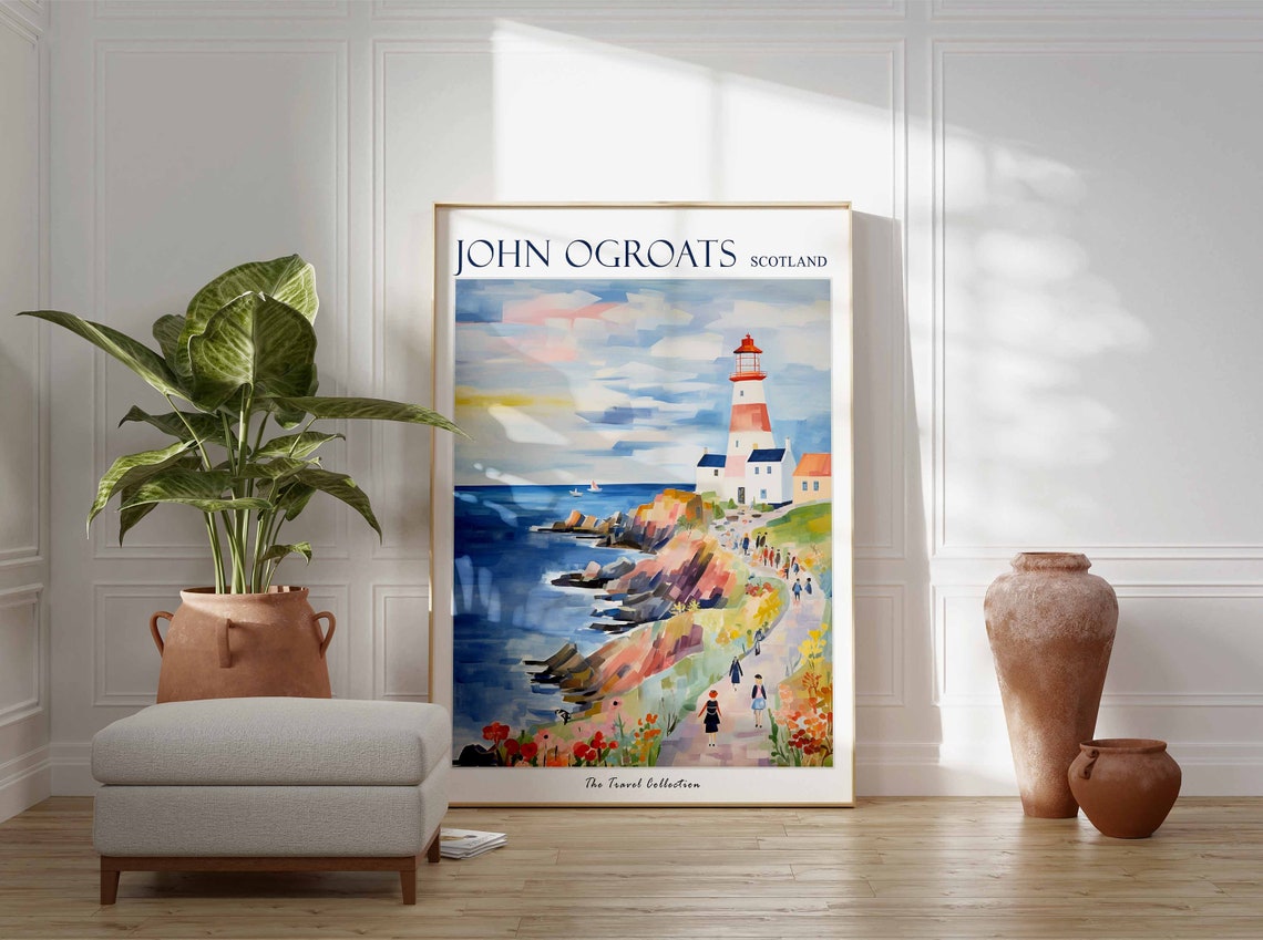 John Ogroats Scotland Red Topped Lighthouse Over the Cliffs Poster - Image 3