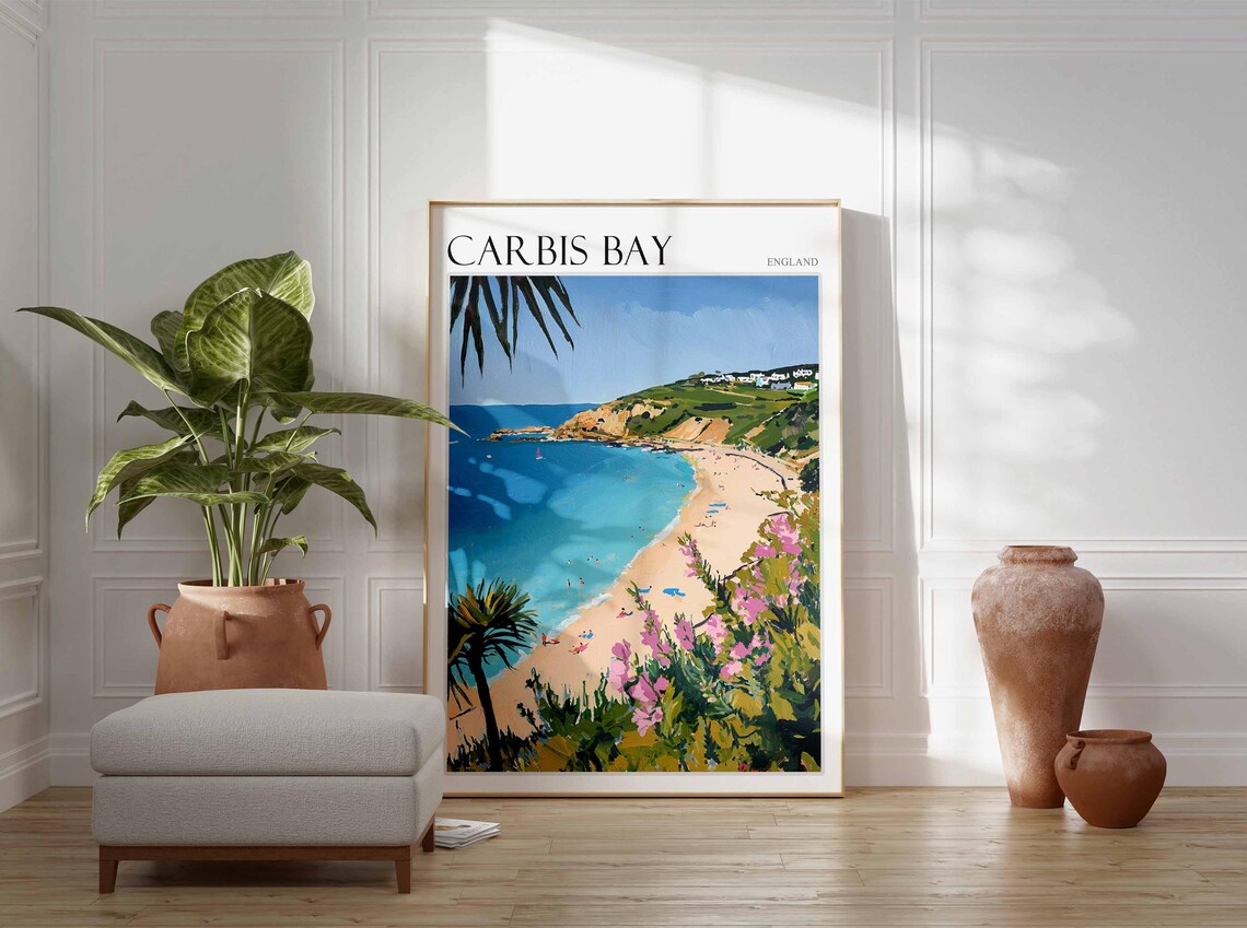 Carbis Bay England Palm Framed Beach Pink Flowers Coastal Travel Poster - Image 3