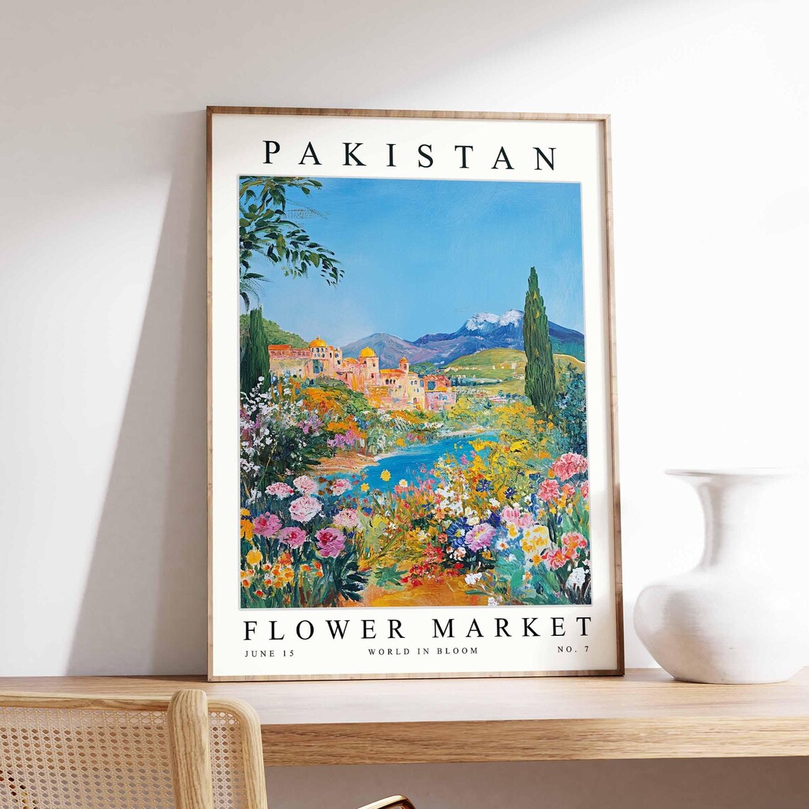 Pakistan Flower Market Snow Mountain Town Cypress Blooms Poster