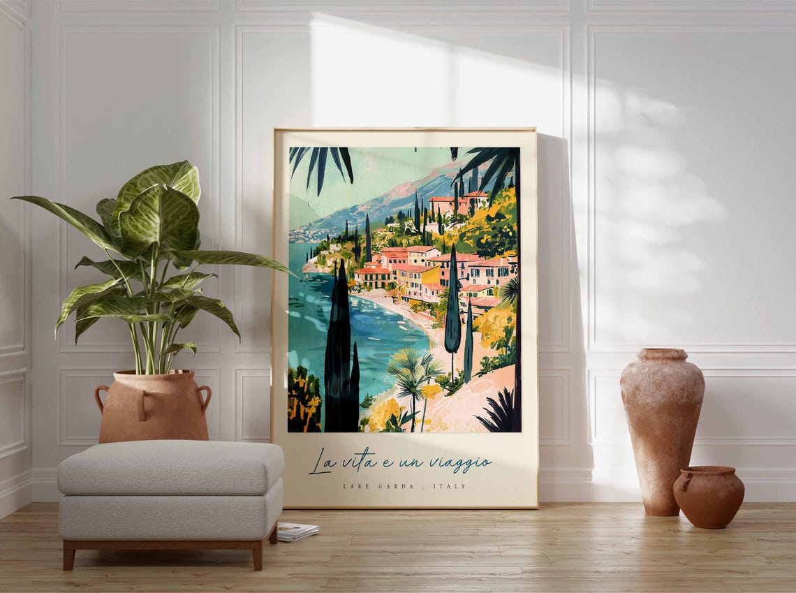 Lake Garda Italy Curved Beach Cove Tall Cypress Palm View Poster - Image 3