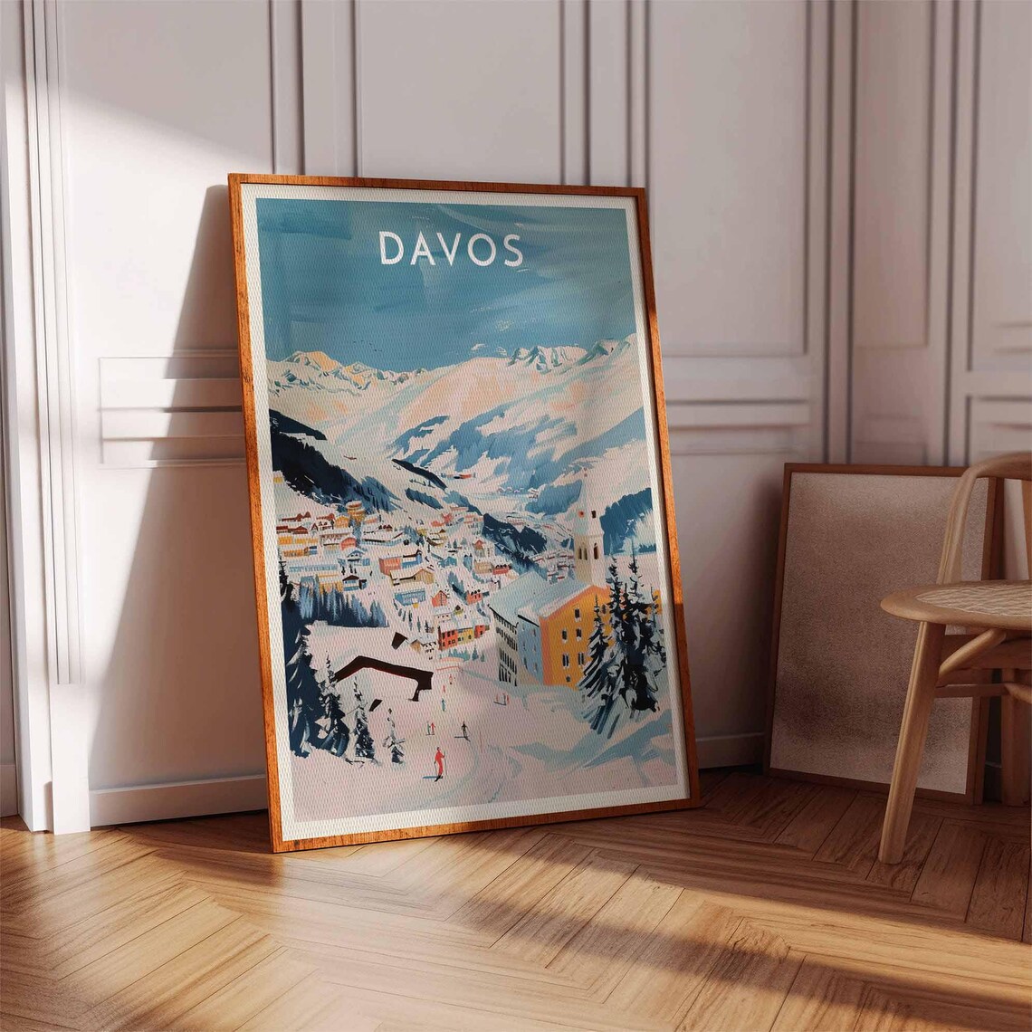 Davos Pastel Alpine Town Church Steeple Skiers on Fresh Snow Poster - Image 2