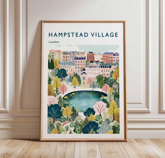 Hampstead Village London Pond Historic Architecture Travel Poster