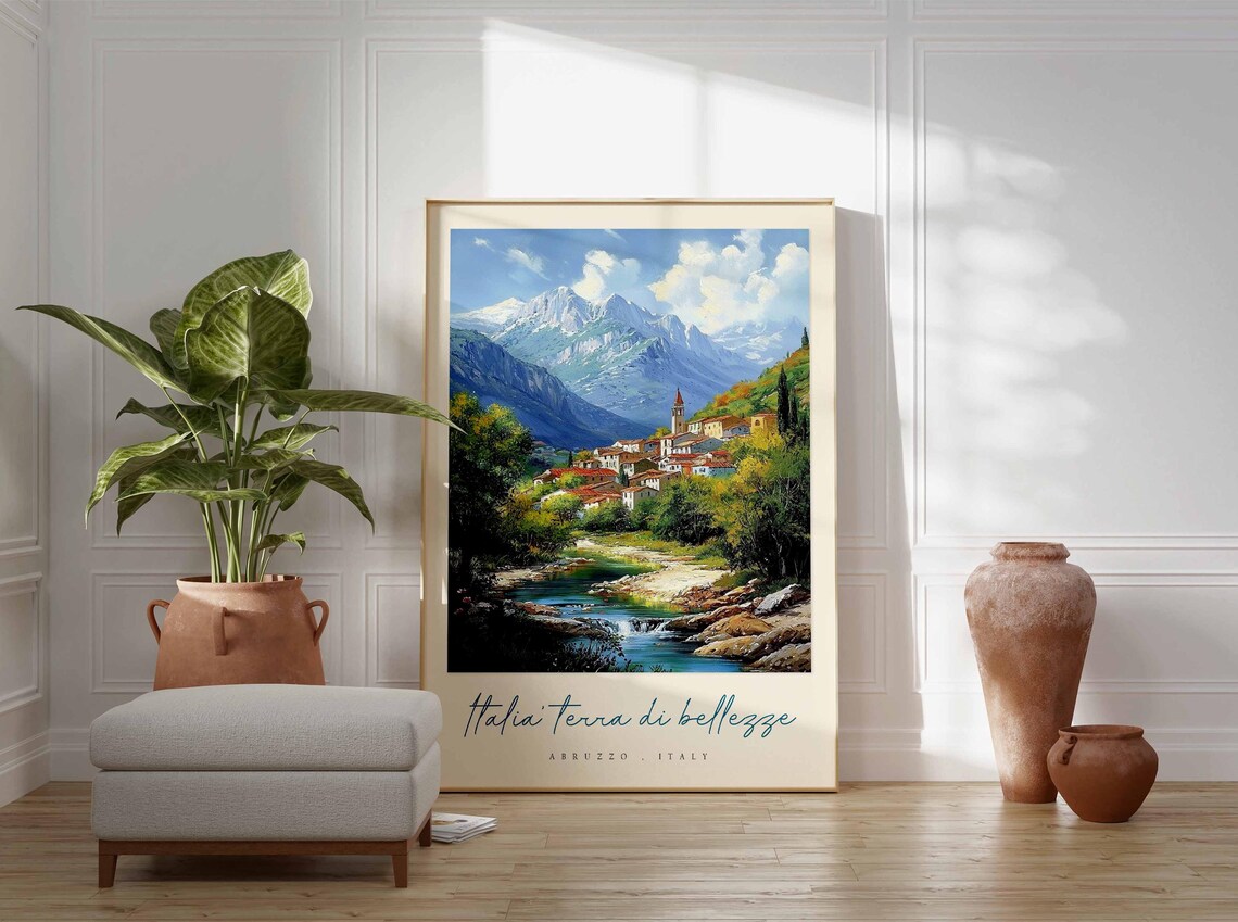 Abruzzo Village River Snow Peaks Church Spire Scenic Travel Poster - Image 3
