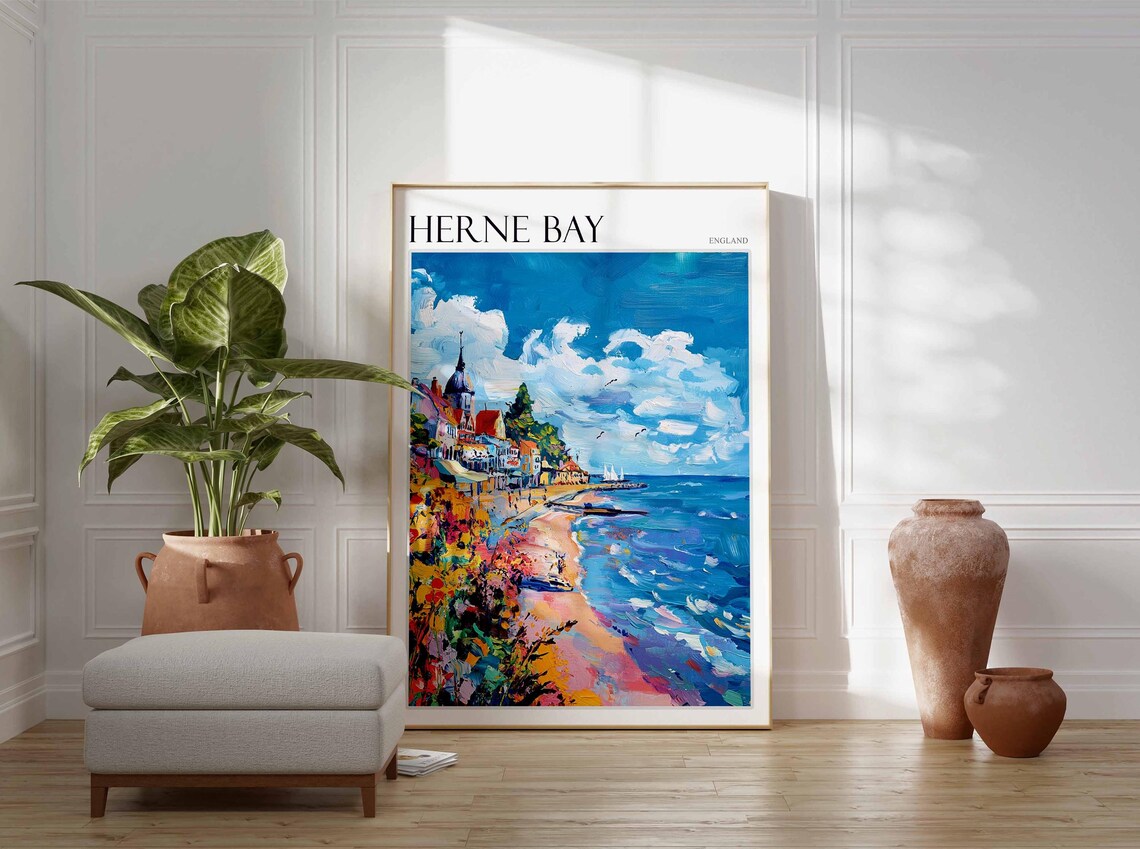 Herne Bay England Beach Town Spire Bright Flowers Sailboat Poster - Image 3