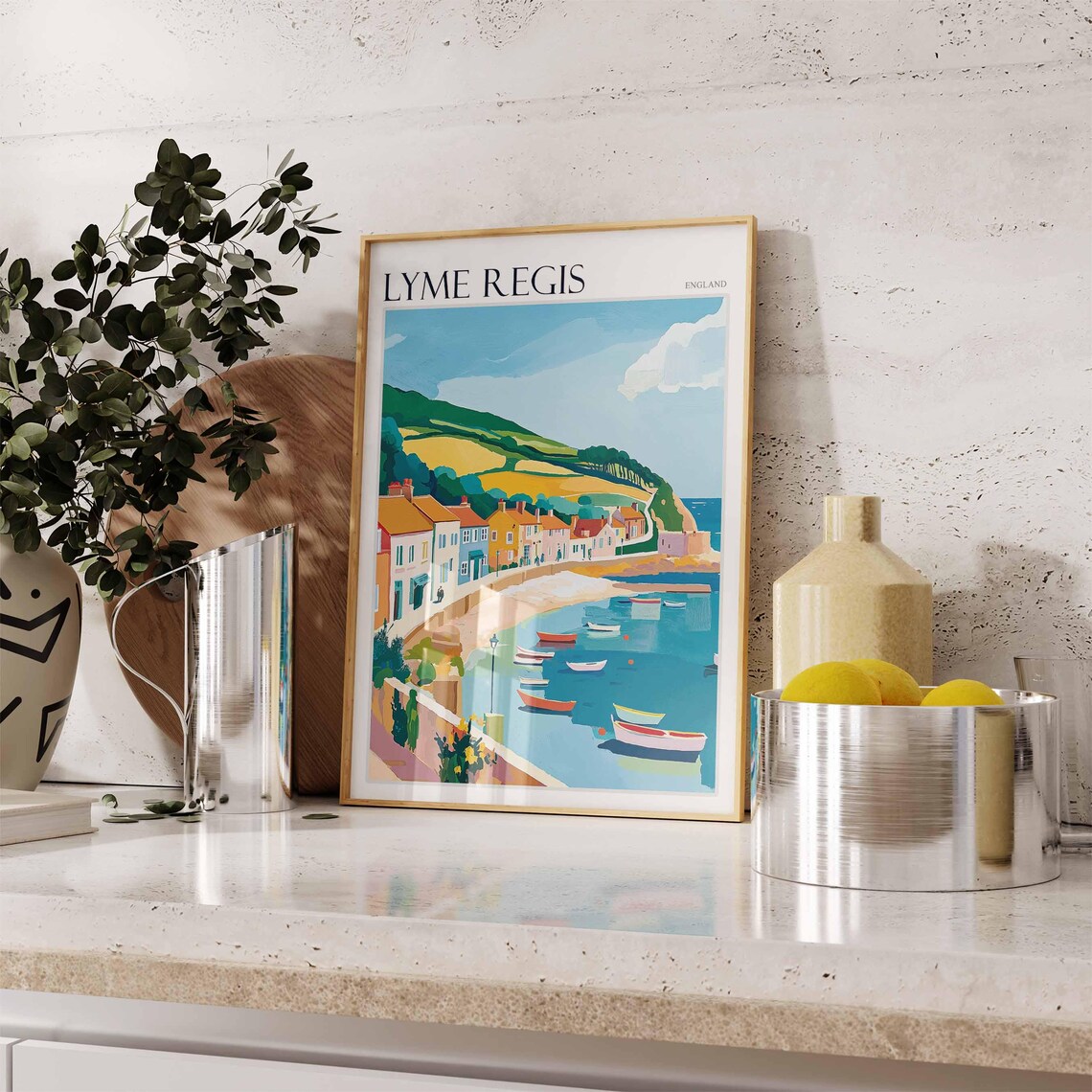 Lyme Regis England Bay Boats Green Hills Seaside Town Poster - Image 2