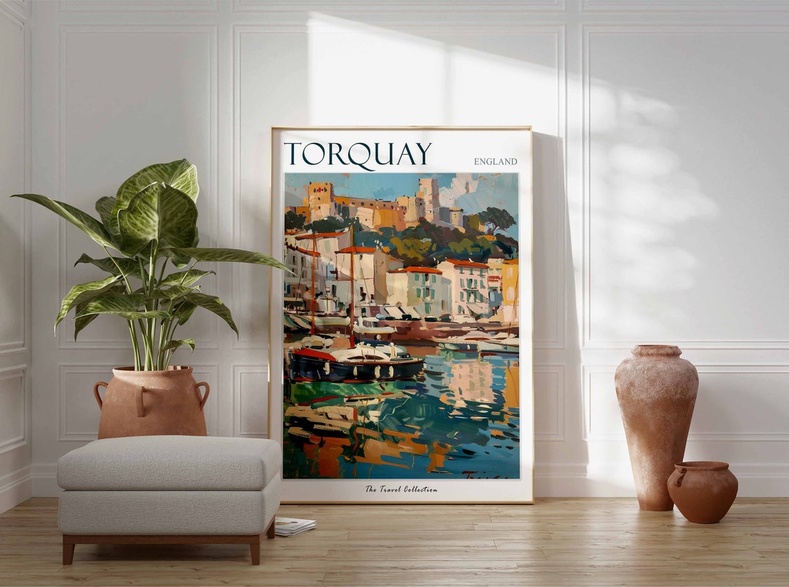 Torquay England Painterly Harbor Boats Water Reflection Art Poster - Image 3