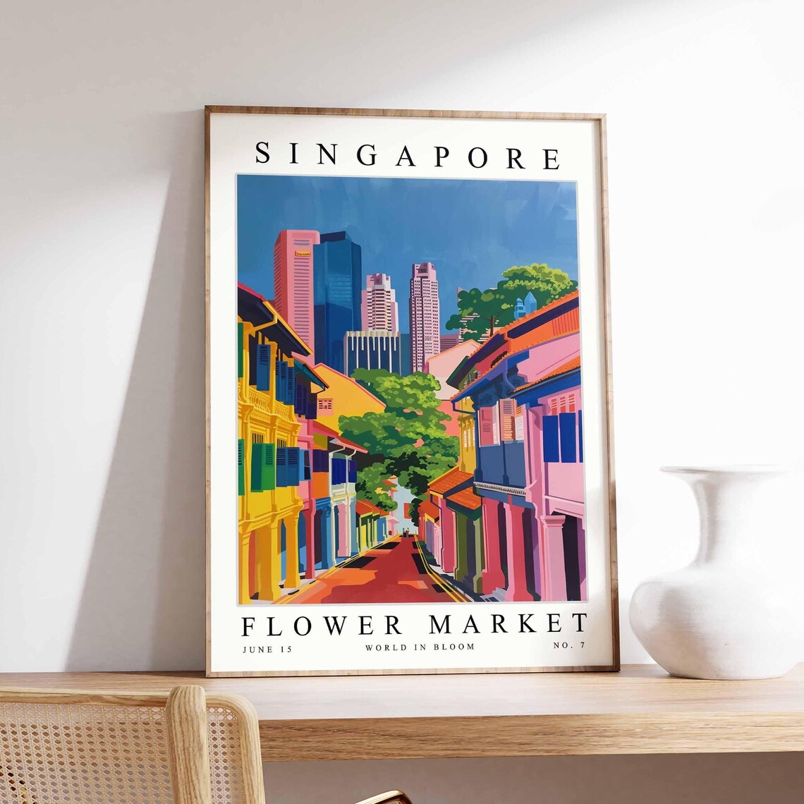 Singapore Flower Market Painted Shophouse Street Scene Poster