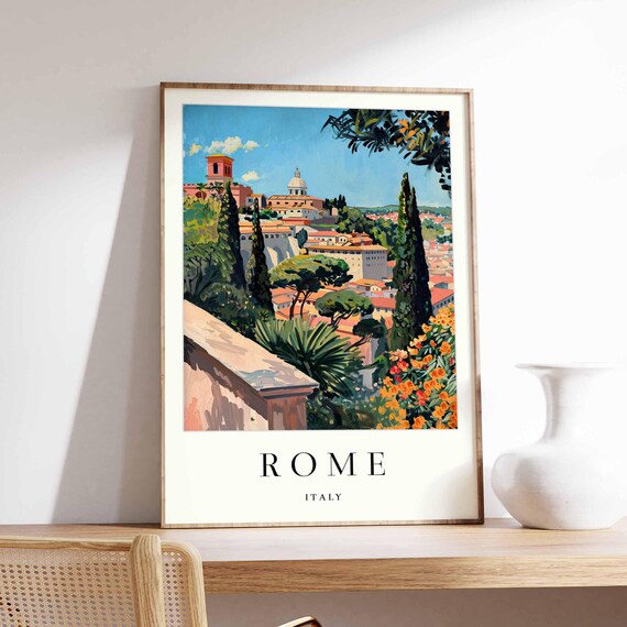 Rome Italy Panoramic City Dome View Cypress Trees Travel Poster