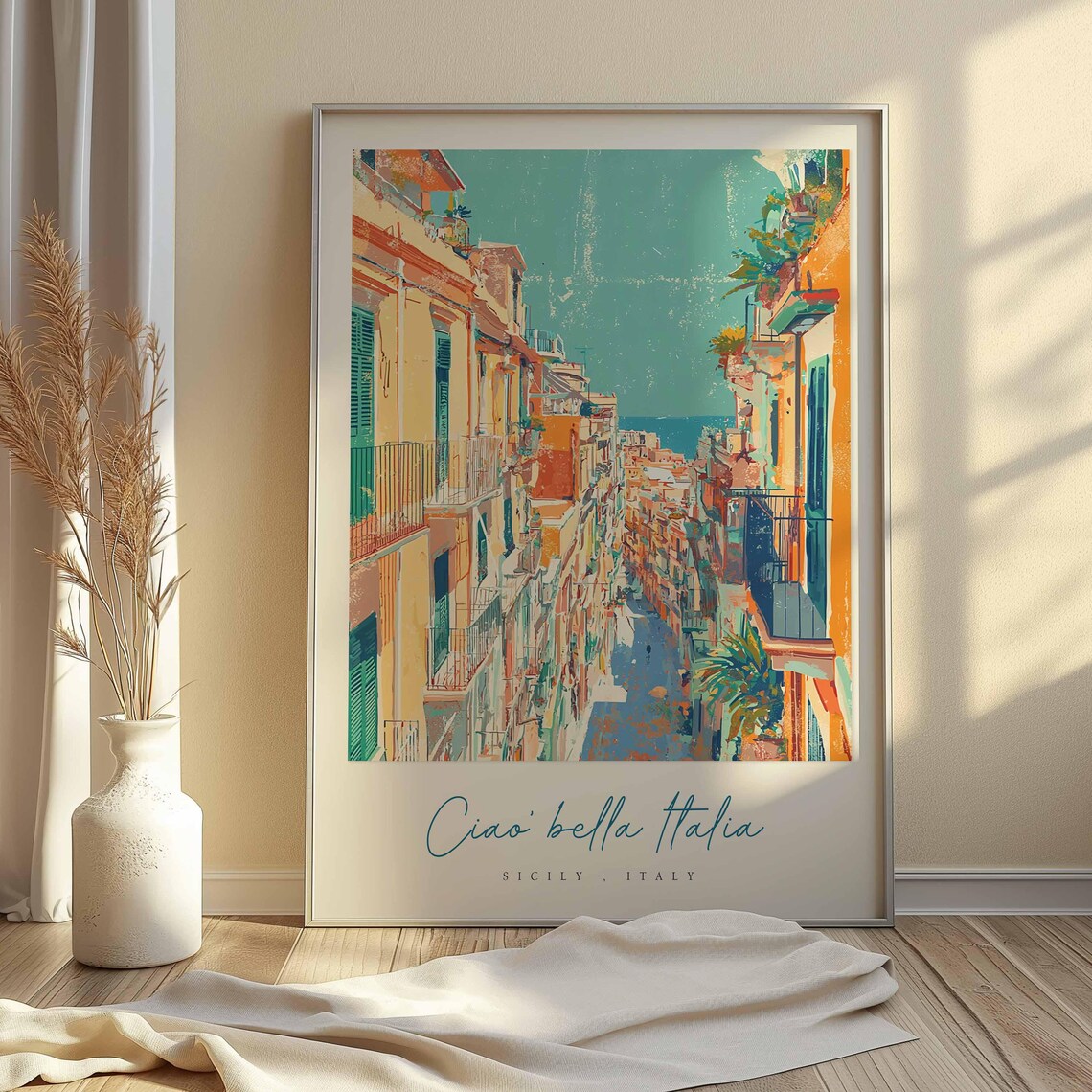 Sicily Italy Street Poster Historic Old Town Lane Balconies To The Sea - Image 2