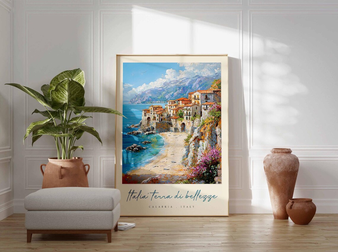 Italia Terra di Bellezze Calabria Italy Beach Cliff Town Poster - Image 3