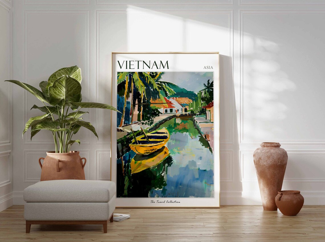 Vietnam Asia Painted River Canal Yellow Boat Palm Trees Travel Poster - Image 2
