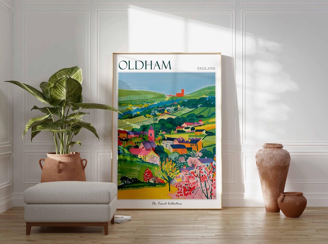 Oldham England Green Rolling Hills Village Travel Collection Poster - Image 2
