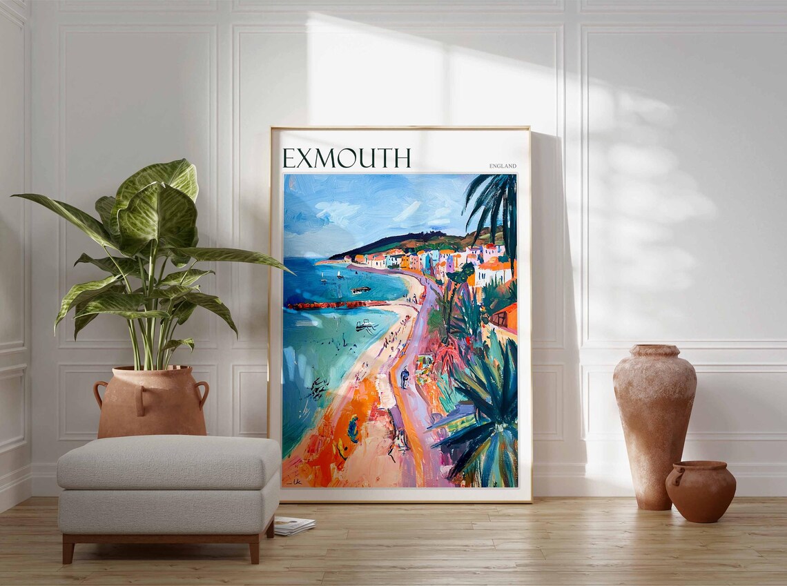 Exmouth England Sandy Beach Sailboats Aerial Painting Poster - Image 3